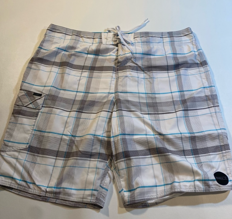 O’Neill Size 40 White Blue Grey Plaid Lined Board Shorts Swim Trunks Beach Swim