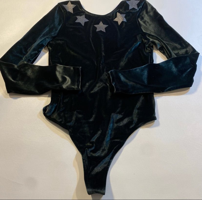 Victoria’s Sport - NEW Victoria’s Sport S Green Velour Long Sleeve Bodysuit W Metallic Silver Stars - Shirts - Afterglow Market