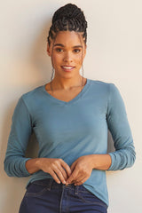 Fair Indigo - Organic Long Sleeve V-Neck T-Shirt - Tops - Afterglow Market